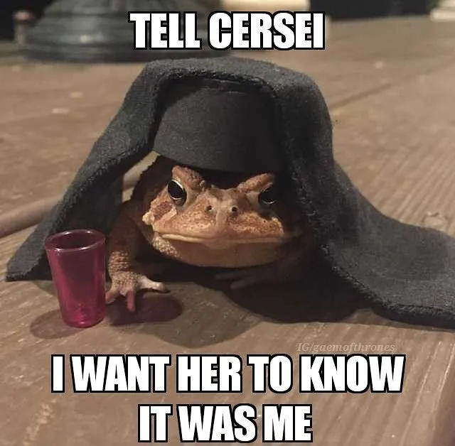 Tell Cersei, I want her yo to know it was me - funny frog with hat meme of Game Of Thrones (GOT)